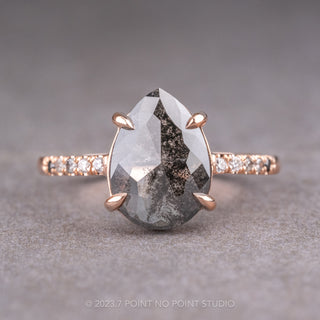 3.56 Carat Black Salt and Pepper Pear Diamond Engagement Ring, Ombre Jules Setting, Point No Point Studio. Available in a variety of metal types. Eco-friendly, Recycled Metals, Conflict Free.
