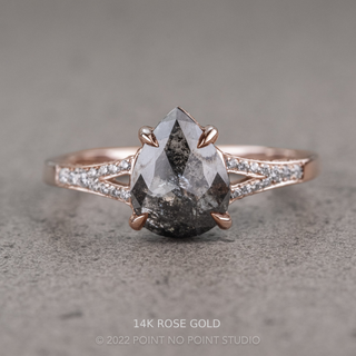 2.09 Carat Black Salt and Pepper Pear Diamond Engagement Ring, River Setting, Point No Point Studio. Available in a variety of metal types. Eco-friendly, Recycled Metals, Conflict Free.