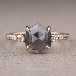 2.45 Carat Black Salt and Pepper Hexagon Diamond Engagement Ring, Ombre Eliza Setting, Point No Point Studio. Available in a variety of metal types. Eco-friendly, Recycled Metals, Conflict Free.