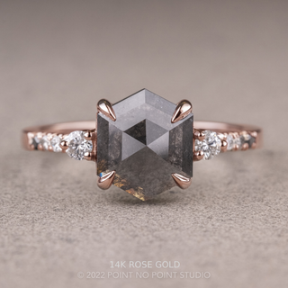 2.45 Carat Black Salt and Pepper Hexagon Diamond Engagement Ring, Ombre Eliza Setting, Point No Point Studio. Available in a variety of metal types. Eco-friendly, Recycled Metals, Conflict Free.
