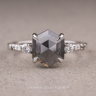 2.45 Carat Black Salt and Pepper Hexagon Diamond Engagement Ring, Ombre Eliza Setting, Point No Point Studio. Available in a variety of metal types. Eco-friendly, Recycled Metals, Conflict Free.