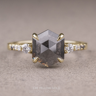 2.45 Carat Black Salt and Pepper Hexagon Diamond Engagement Ring, Ombre Eliza Setting, Point No Point Studio. Available in a variety of metal types. Eco-friendly, Recycled Metals, Conflict Free.
