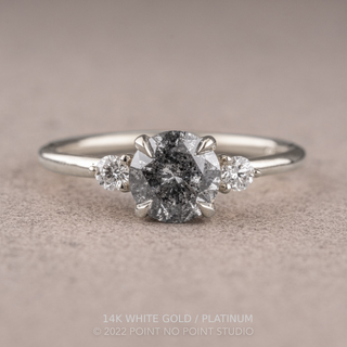 1.21 Carat Salt and Pepper Round Diamond Engagement Ring, Zoe Setting, Point No Point Studio. Available in a variety of metal types. Eco-friendly, Recycled Metals, Conflict Free.