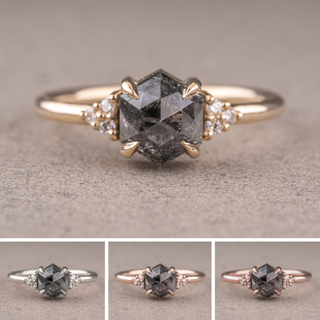 1.74 Carat Salt and Pepper Hexagon Engagement Ring, Quinn Setting, Point No Point Studio. Available in a variety of metal types. Eco-friendly, Recycled Metals, Conflict Free.