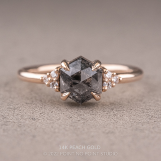 1.74 Carat Salt and Pepper Hexagon Engagement Ring, Quinn Setting, Point No Point Studio. Available in a variety of metal types. Eco-friendly, Recycled Metals, Conflict Free.