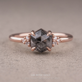 1.74 Carat Salt and Pepper Hexagon Engagement Ring, Quinn Setting, Point No Point Studio. Available in a variety of metal types. Eco-friendly, Recycled Metals, Conflict Free.