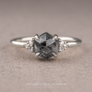 1.74 Carat Salt and Pepper Hexagon Engagement Ring, Quinn Setting, Point No Point Studio. Available in a variety of metal types. Eco-friendly, Recycled Metals, Conflict Free.