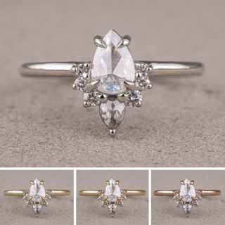 .91 Carat Salt and Pepper Pear Diamond Engagement Ring, Ava Setting, Point No Point Studio. Available in a variety of metal types. Eco-friendly, Recycled Metals, Conflict Free.