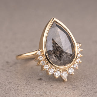 3.68 Carat Salt and Pepper Pear Diamond Engagement Ring, Bezel Ava Setting, 14K Yellow Gold