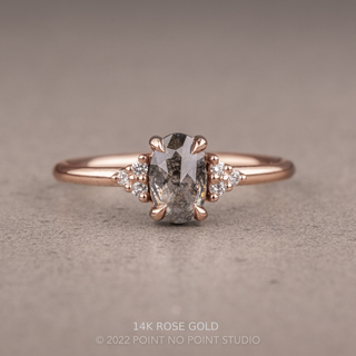 1.01 Carat Salt and Pepper Oval Diamond Engagement Ring, Quinn Setting, Point No Point Studio. Available in a variety of metal types. Eco-friendly, Recycled Metals, Conflict Free.