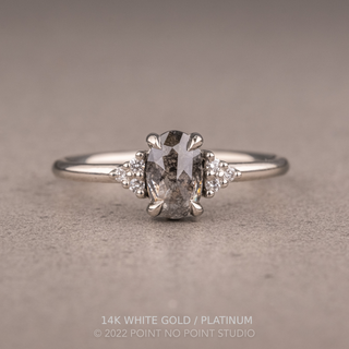 1.01 Carat Salt and Pepper Oval Diamond Engagement Ring, Quinn Setting, Point No Point Studio. Available in a variety of metal types. Eco-friendly, Recycled Metals, Conflict Free.