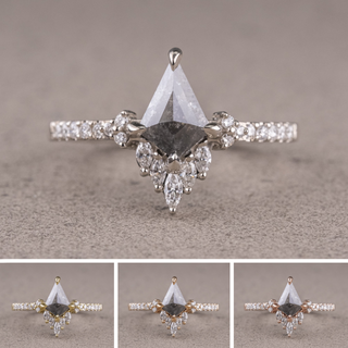 .90 Carat Salt and Pepper Kite Diamond Engagement Ring, Camila Setting, Point No Point Studio. Available in a variety of metal types. Eco-friendly, Recycled Metals, Conflict Free.