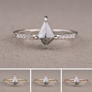 .75 Carat Salt and Pepper Kite Diamond Engagement Ring, Jules Setting, Point No Point Studio. Available in a variety of metal types. Eco-friendly, Recycled Metals, Conflict Free.