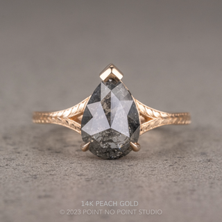 1.77 Carat Black Salt and Pepper Pear Diamond Engagement Ring, Engraved Split Shank Jane, Point No Point Studio. Available in a variety of metal types. Eco-friendly, Recycled Metals, Conflict Free.