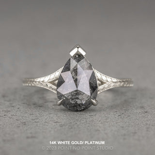 1.77 Carat Black Salt and Pepper Pear Diamond Engagement Ring, Engraved Split Shank Jane