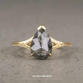 1.77 Carat Black Salt and Pepper Pear Diamond Engagement Ring, Engraved Split Shank Jane