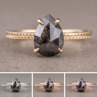 1.26 Carat Black Salt and Pepper Pear Diamond Engagement Ring, Engraved Lark Setting