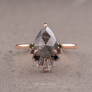 1.43 Carat Salt and Pepper Pear Diamond Engagement Ring, Ombre Wren Setting, Point No Point Studio. Available in a variety of metal types. Eco-friendly, Recycled Metals, Conflict Free.