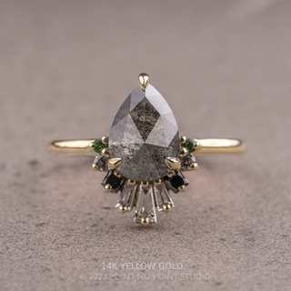 1.43 Carat Salt and Pepper Pear Diamond Engagement Ring, Ombre Wren Setting, Point No Point Studio. Available in a variety of metal types. Eco-friendly, Recycled Metals, Conflict Free.