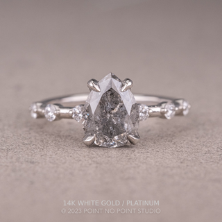 1.43 Carat Canadian Salt and Pepper Pear Diamond Engagement Ring, Nova Setting, Point No Point Studio. Available in a variety of metal types. Eco-friendly, Recycled Metals, Conflict Free.