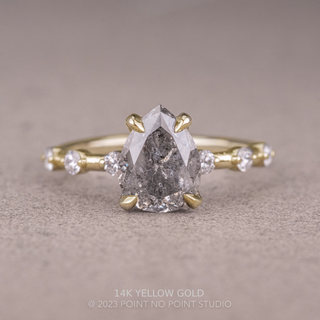 1.43 Carat Canadian Salt and Pepper Pear Diamond Engagement Ring, Nova Setting, Point No Point Studio. Available in a variety of metal types. Eco-friendly, Recycled Metals, Conflict Free.
