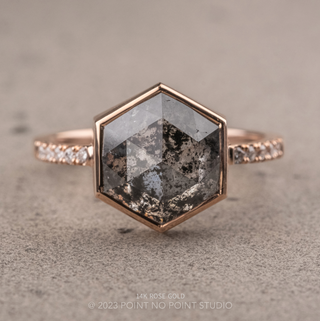 3.72 Carat Black Salt and Pepper Hexagon Diamond Engagement Ring, Bezel Jules Setting