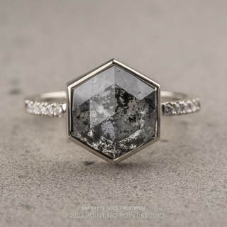 3.72 Carat Black Salt and Pepper Hexagon Diamond Engagement Ring, Bezel Jules Setting