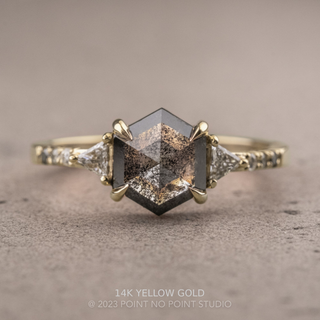 2.04 Carat Black Salt and Pepper Hexagon Diamond Engagement Ring, Ombre Eliza Setting, Point No Point Studio. Available in a variety of metal types. Eco-friendly, Recycled Metals, Conflict Free.