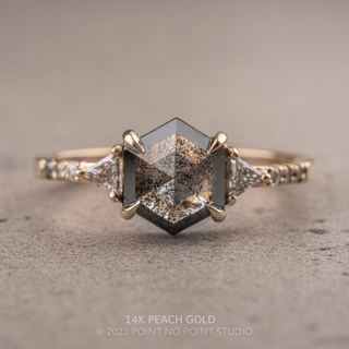 2.04 Carat Black Salt and Pepper Hexagon Diamond Engagement Ring, Ombre Eliza Setting, Point No Point Studio. Available in a variety of metal types. Eco-friendly, Recycled Metals, Conflict Free.