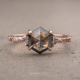 2.04 Carat Black Salt and Pepper Hexagon Diamond Engagement Ring, Ombre Eliza Setting, Point No Point Studio. Available in a variety of metal types. Eco-friendly, Recycled Metals, Conflict Free.