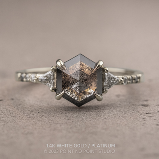 2.04 Carat Black Salt and Pepper Hexagon Diamond Engagement Ring, Ombre Eliza Setting, Point No Point Studio. Available in a variety of metal types. Eco-friendly, Recycled Metals, Conflict Free.