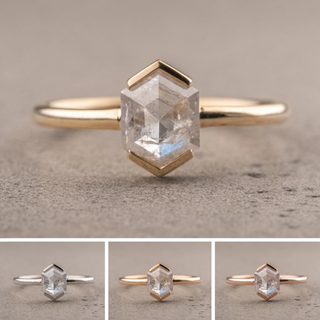 1.22 Carat Icy White Hexagon Diamond Engagement Ring, Charlize Setting, Point No Point Studio. Available in a variety of metal types. Eco-friendly, Recycled Metals, Conflict Free.