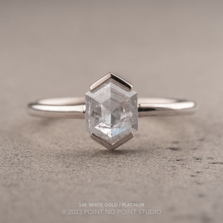 1.22 Carat Icy White Hexagon Diamond Engagement Ring, Charlize Setting, Point No Point Studio. Available in a variety of metal types. Eco-friendly, Recycled Metals, Conflict Free.