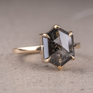 2.63 Carat Salt and Pepper Hexagon Diamond Engagement Ring, Jane Setting, 14K Yellow Gold