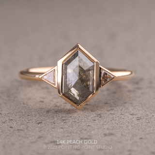 1.50 Carat Salt and Pepper Hexagon Diamond Engagement Ring, Bezel Zoe Setting, Point No Point Studio. Available in a variety of metal types. Eco-friendly, Recycled Metals, Conflict Free.