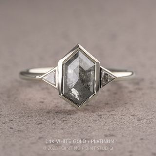 1.50 Carat Salt and Pepper Hexagon Diamond Engagement Ring, Bezel Zoe Setting, Point No Point Studio. Available in a variety of metal types. Eco-friendly, Recycled Metals, Conflict Free.