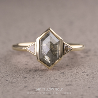 1.50 Carat Salt and Pepper Hexagon Diamond Engagement Ring, Bezel Zoe Setting, Point No Point Studio. Available in a variety of metal types. Eco-friendly, Recycled Metals, Conflict Free.