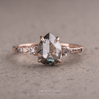 1.98 Carat Black Speckled Pear Diamond Engagement Ring, Ombre Eliza Setting, 14K Rose Gold