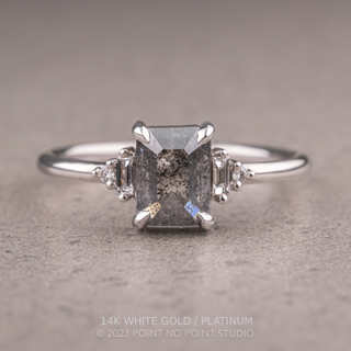 1.55 Carat Black Salt and Pepper Asscher Diamond Engagement Ring, Betty Setting, Point No Point Studio. Available in a variety of metal types. Eco-friendly, Recycled Metals, Conflict Free.