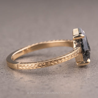1.15 Carat Salt and Pepper Pear Diamond Engagement Ring, Engraved Jane Setting, 14K Yellow Gold
