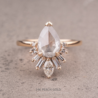 1.77 Carat Icy Salt and Pepper Pear Diamond Engagement Ring, Wren Setting, Point No Point Studio. Available in a variety of metal types. Eco-friendly, Recycled Metals, Conflict Free.