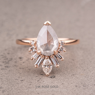 1.77 Carat Icy Salt and Pepper Pear Diamond Engagement Ring, Wren Setting, Point No Point Studio. Available in a variety of metal types. Eco-friendly, Recycled Metals, Conflict Free.
