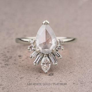 1.77 Carat Icy Salt and Pepper Pear Diamond Engagement Ring, Wren Setting, Point No Point Studio. Available in a variety of metal types. Eco-friendly, Recycled Metals, Conflict Free.