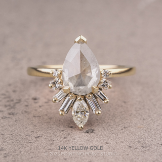 1.77 Carat Icy Salt and Pepper Pear Diamond Engagement Ring, Wren Setting, Point No Point Studio. Available in a variety of metal types. Eco-friendly, Recycled Metals, Conflict Free.