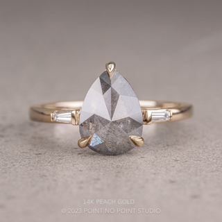 2.37 Carat Salt and Pepper Pear Diamond Engagement Ring, Zoe Setting, Point No Point Studio. Available in a variety of metal types. Eco-friendly, Recycled Metals, Conflict Free.