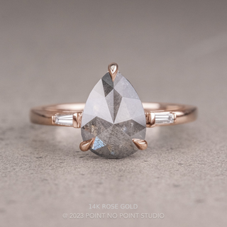 2.37 Carat Salt and Pepper Pear Diamond Engagement Ring, Zoe Setting, Point No Point Studio. Available in a variety of metal types. Eco-friendly, Recycled Metals, Conflict Free.