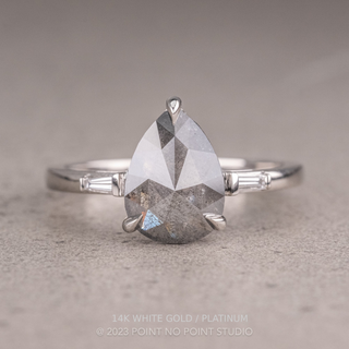 2.37 Carat Salt and Pepper Pear Diamond Engagement Ring, Zoe Setting, Point No Point Studio. Available in a variety of metal types. Eco-friendly, Recycled Metals, Conflict Free.