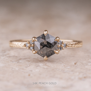 1.17 Carat Black Speckled Hexagon Engagement Ring, Engraved Quinn Setting