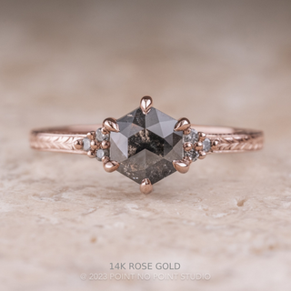 1.17 Carat Black Speckled Hexagon Engagement Ring, Engraved Quinn Setting