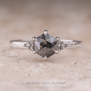 1.17 Carat Black Speckled Hexagon Engagement Ring, Engraved Quinn Setting